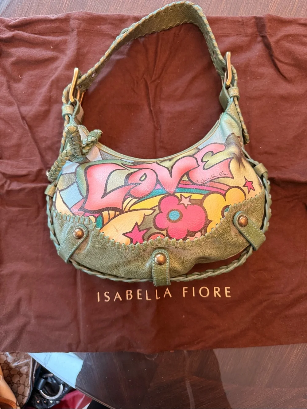 Isabella Fiore Green Leather Shoulder Bag with Pink & Teal 'LOVE' Graphic - Picture 6 of 6